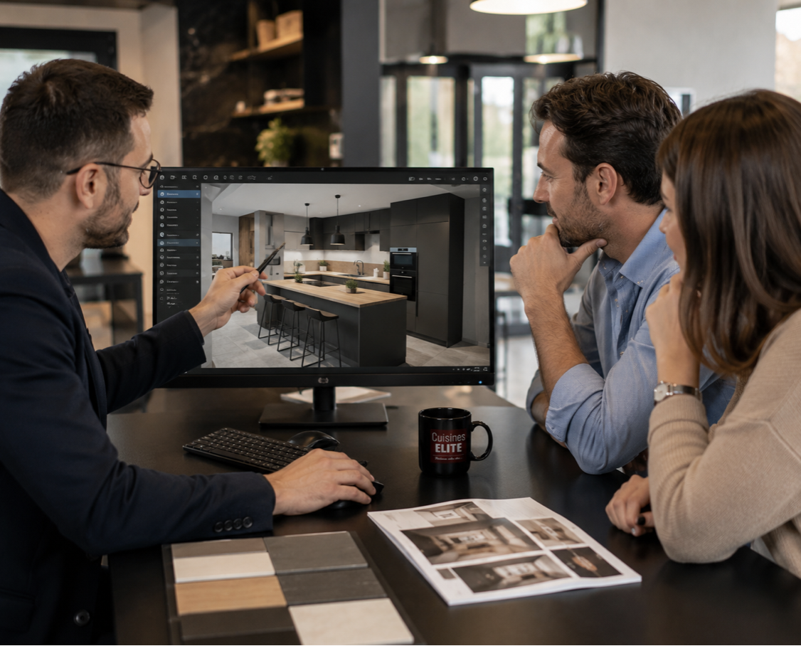 Présentation d'un projet de cuisine équipée en 3D par un concepteur Cuisines Elite lors d'un rendez-vous personnalisé. Présentation d'un projet de cuisine équipée en 3D par un concepteur Cuisines Elite lors d'un rendez-vous personnalisé.