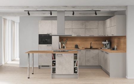 Cuisines Elite Cuisine en îlot 338,2 cm x 248,2 cm électroménagers inclus planning 1 Décor béton gris terre Riva
