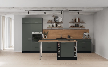 Cuisines Elite Cuisine en îlot 423,4 cm électroménagers inclus planning 1 Vert minéral ultra-mat Easytouch