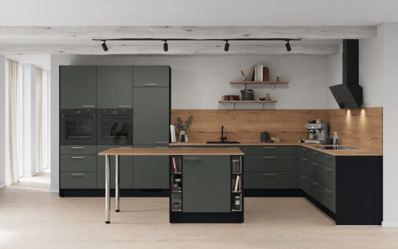 Cuisines Elite Cuisine en îlot 456,6 cm x 276,8 cm électroménagers inclus planning 1 Vert minéral ultra-mat Easytouch