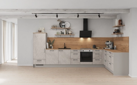 Cuisines Elite Cuisine en L 396,6 cm x 246,8 cm électroménagers inclus planning 1 Décor béton gris terre Riva