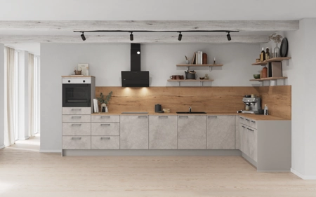 Cuisines Elite Cuisine en L 426,6 cm x 220 cm électroménagers inclus planning 1 Décor béton gris terre Riva