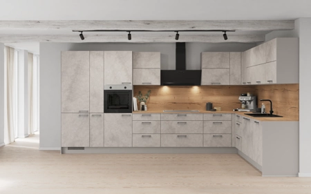 Cuisines Elite Cuisine en L 426,6 cm x 276,8 cm électroménagers inclus planning 1 Décor béton gris terre Riva