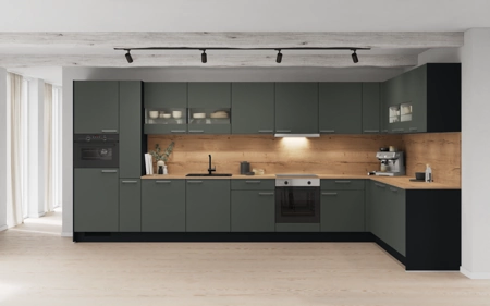 Cuisines Elite Cuisine en L 456,6 cm x 246,8 cm électroménagers inclus planning 1 Vert minéral ultra-mat Easytouch