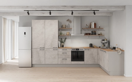 Cuisines Elite Cuisine en L 366,6 cm x 246, 6 cm électroménagers inclus planning 12 Décor béton gris terre Riva