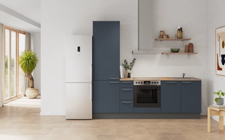 Cuisines Elite Cuisine linéaire 240 cm électroménagers inclus planning 12 Bleu fjord ultra-mat Easytouch