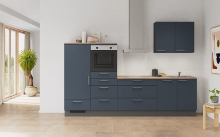 Cuisines Elite Cuisine linéaire 300 cm électroménagers inclus planning 13 Bleu fjord ultra-mat Easytouch
