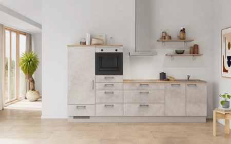 Cuisines Elite Cuisine linéaire 300 cm électroménagers inclus planning 16 Décor béton gris terre Riva