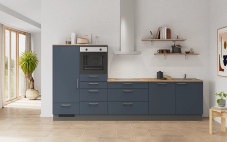 Cuisines Elite Cuisine linéare 330cm électroménagers inclus planning 16 Bleu fjord ultra-mat Easytouch