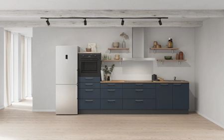 Cuisines Elite Cuisine linéaire 300 cm électroménagers inclus planning 18 Bleu fjord ultra-mat Easytouch