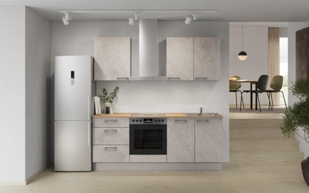 Cuisines Elite Cuisine linéaire 210 cm électroménagers inclus, planning 6 Décor béton gris terre Riva