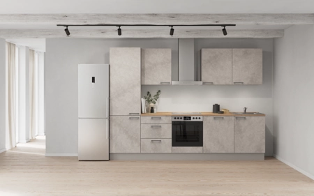 Cuisines Elite Cuisine linéaire 300 cm électroménagers inclus planning 6 Décor béton gris terre Riva