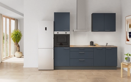 Cuisines Elite Cuisine linéaire 240 cm électroménagers inclus planning 7 Bleu fjord ultra-mat Easytouch