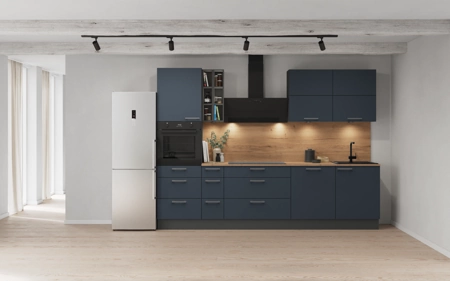 Cuisines Elite Cuisine linéaire 300 cm électroménagers inclus planning 8 Bleu fjord ultra-mat Easytouch