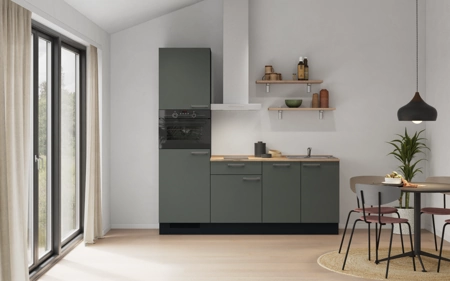 Cuisines Elite Cuisine linéaire 210 cm électroménagers inclus, planning 9 Vert minéral ultra-mat Easytouch