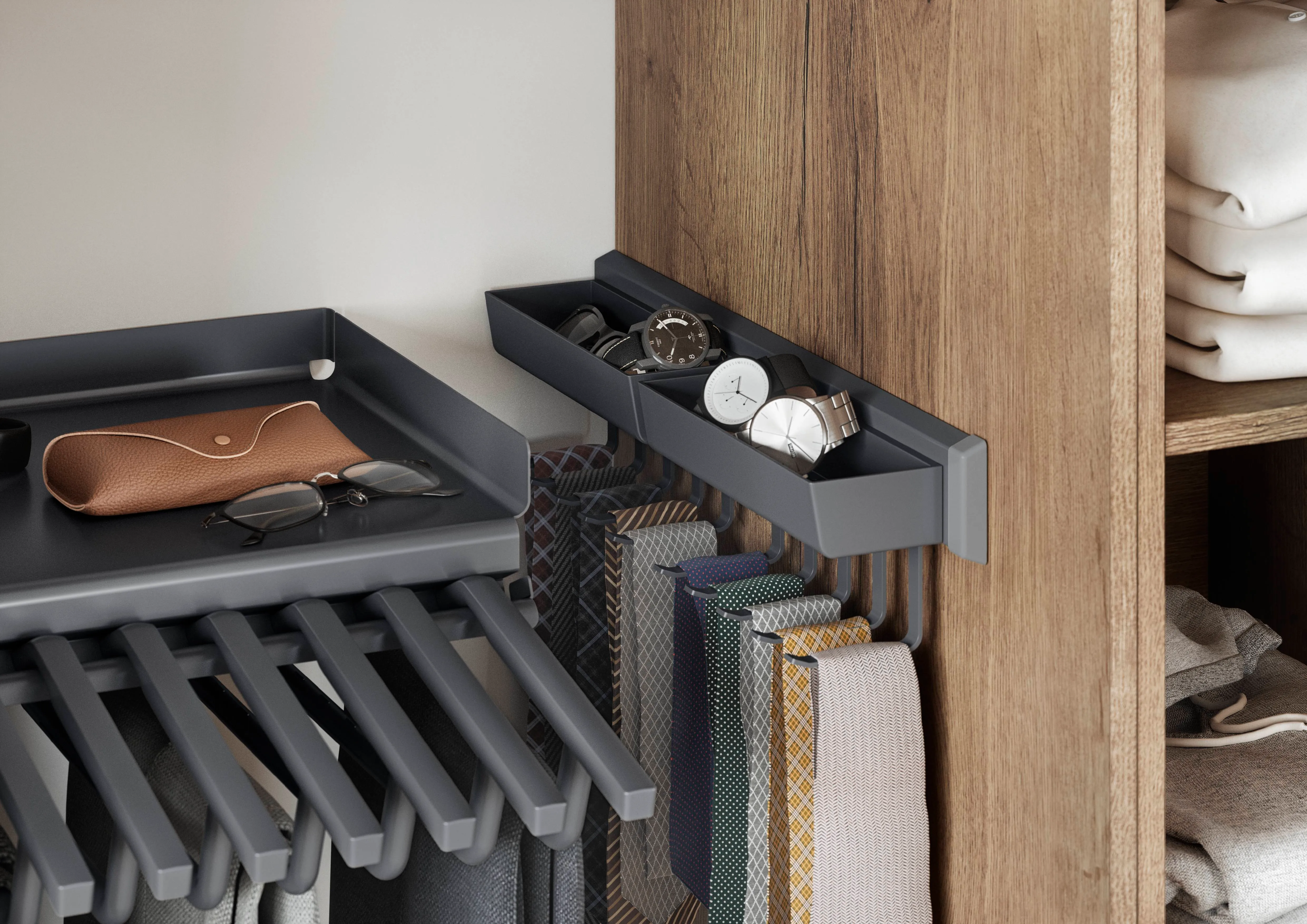 Accessoires intérieurs de dressing sur mesure avec porte-cravates et rangement à montres Accessoires intérieurs de dressing sur mesure avec porte-cravates et rangement à montres