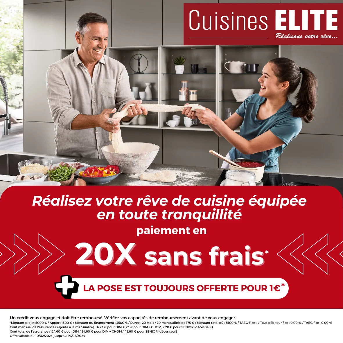 Affiche Cuisines Elite "20X sans frais et pose offerte pour 1€", père et fille cuisinant Affiche Cuisines Elite "20X sans frais et pose offerte pour 1€", père et fille cuisinant