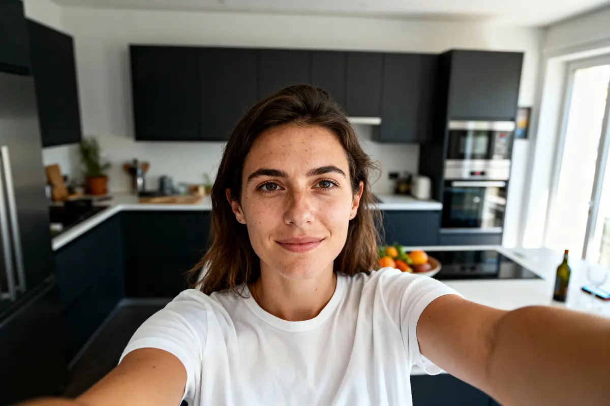 Cliente Cuisines Elite prenant un selfie dans sa cuisine noire équipée Cliente Cuisines Elite prenant un selfie dans sa cuisine noire équipée