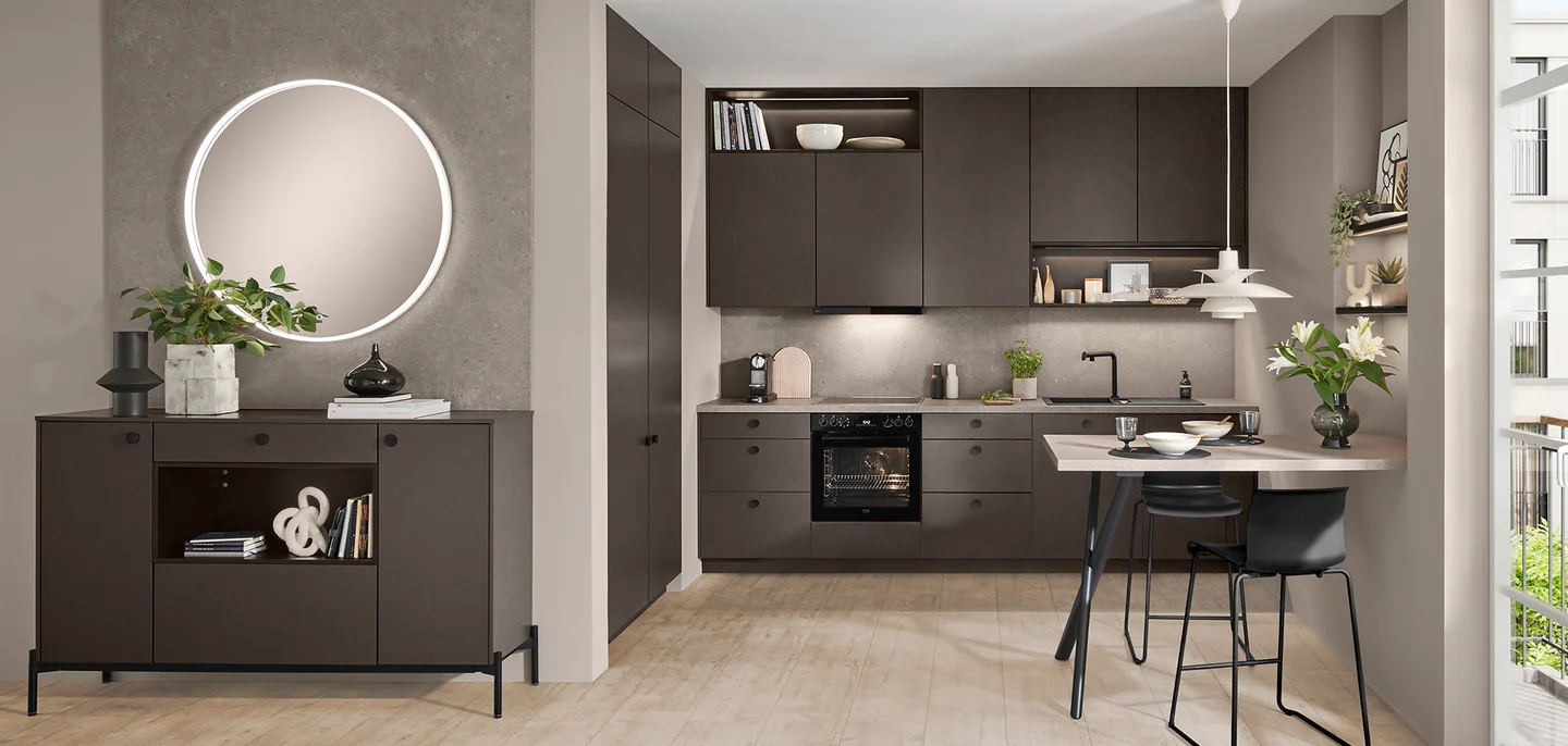 Cuisine moderne marron chocolat avec miroir lumineux rond et coin repas Cuisine moderne marron chocolat avec miroir lumineux rond et coin repas