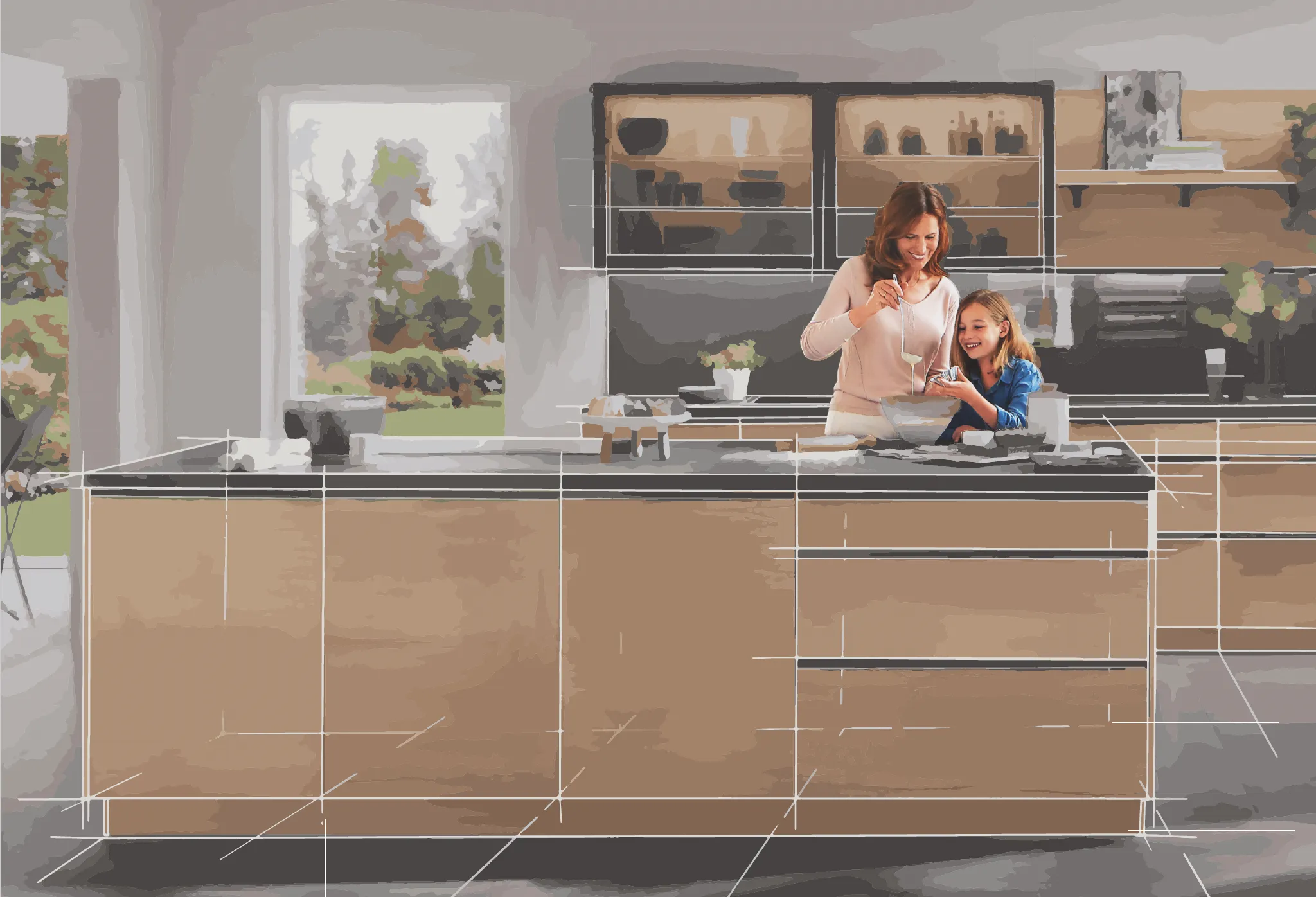 Illustration technique d'une cuisine sur mesure, mère et fille cuisinant à l'îlot central Illustration technique d'une cuisine sur mesure, mère et fille cuisinant à l'îlot central
