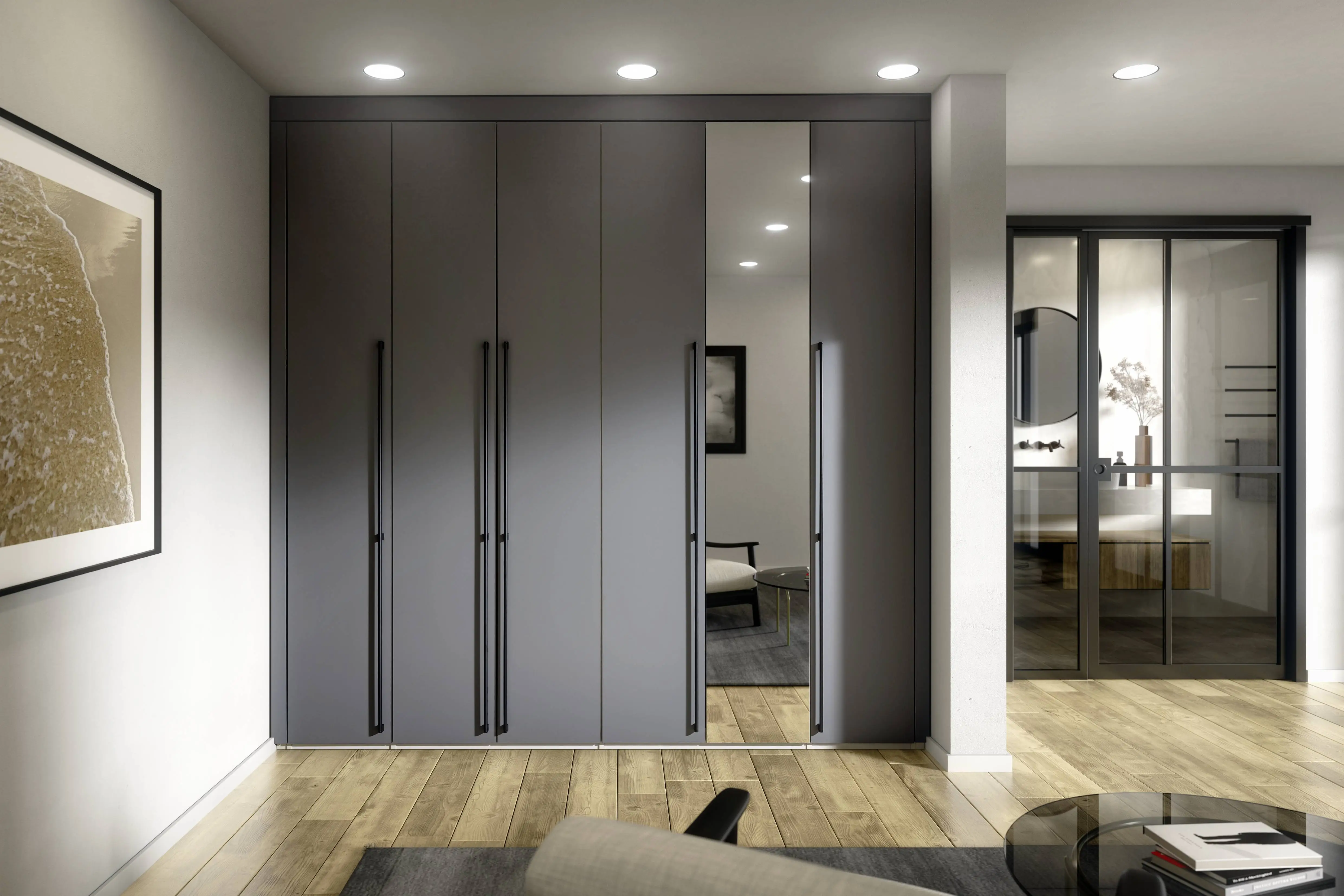 Dressing sur mesure avec placards gris anthracite et porte miroir, poignées noires filantes Dressing sur mesure avec placards gris anthracite et porte miroir, poignées noires filantes