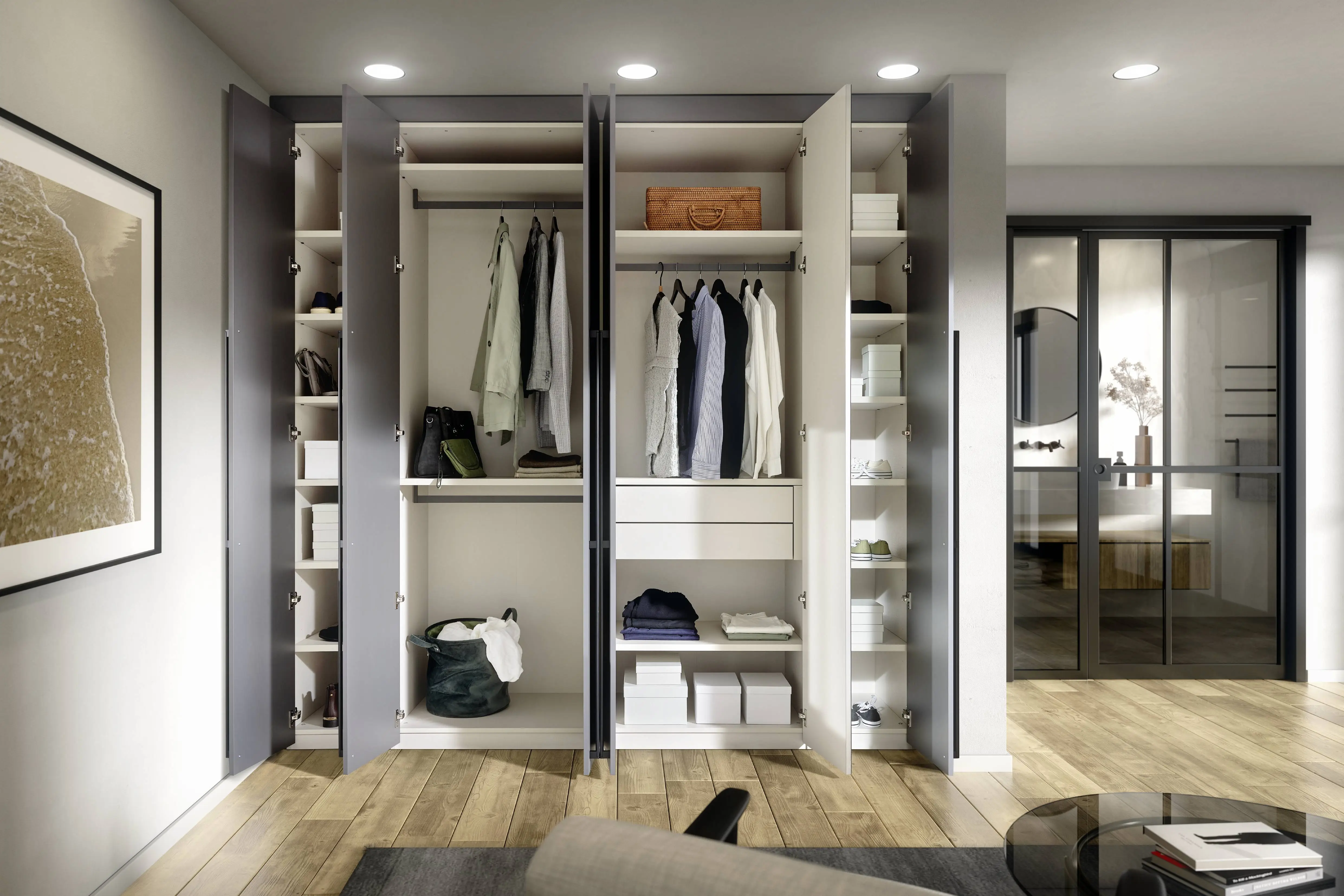 Dressing sur mesure ouvert avec penderie, étagères et tiroirs de rangement personnalisés Dressing sur mesure ouvert avec penderie, étagères et tiroirs de rangement personnalisés