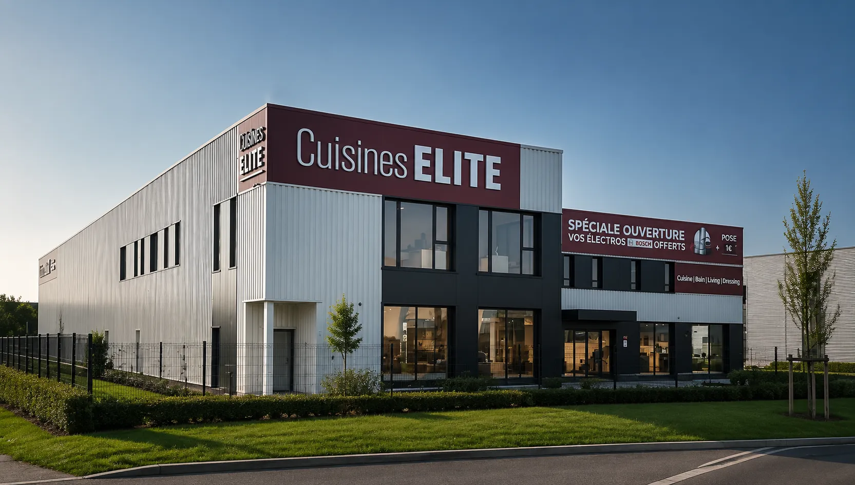 Bâtiment et façade du magasin Cuisines Elite avec bannière spéciale ouverture électros Bosch offerts Bâtiment et façade du magasin Cuisines Elite avec bannière spéciale ouverture électros Bosch offerts