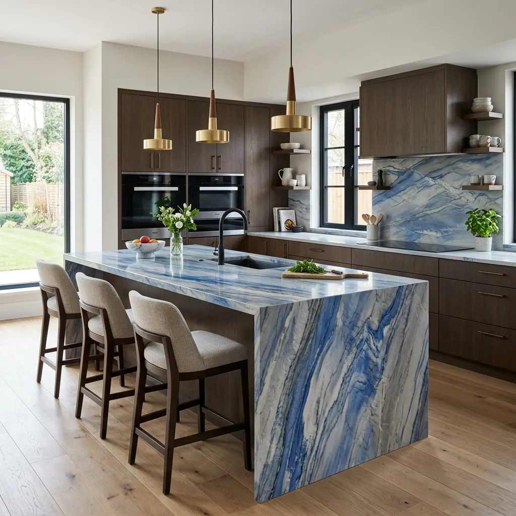 Îlot de cuisine en quartzite bleu veiné avec suspensions dorées et façades bois foncé Îlot de cuisine en quartzite bleu veiné avec suspensions dorées et façades bois foncé