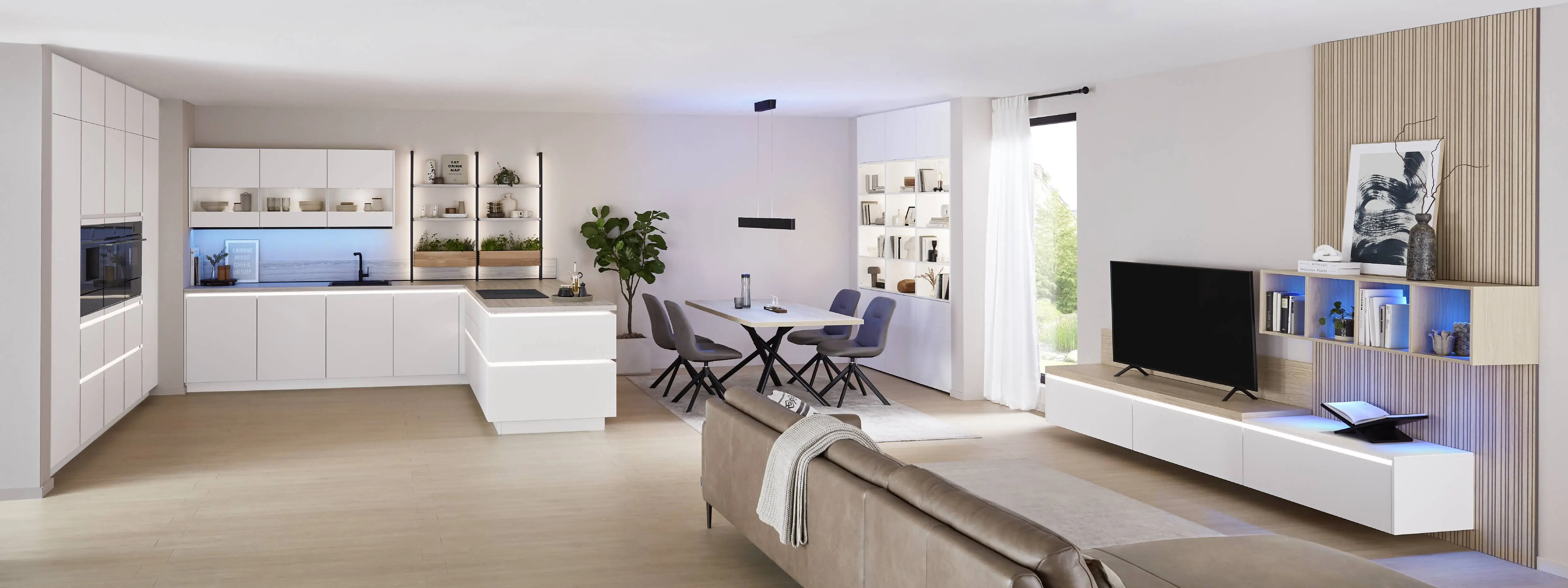 Éclairage LED intégré dans un séjour ouvert avec cuisine équipée, salle à manger et meuble TV Éclairage LED intégré dans un séjour ouvert avec cuisine équipée, salle à manger et meuble TV