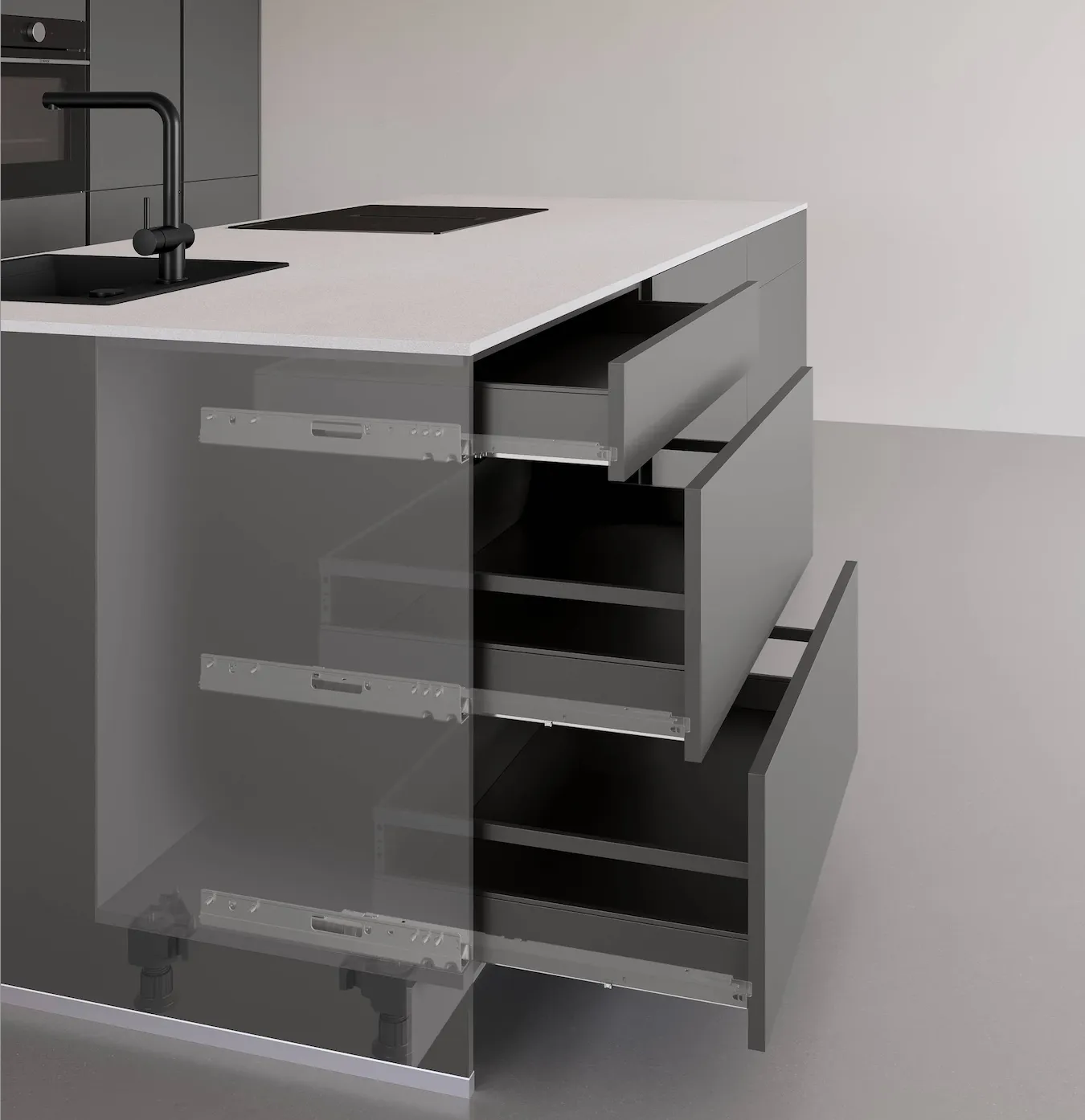 Vue en transparence des mécanismes de tiroirs coulissants d'un casserolier de cuisine gris Vue en transparence des mécanismes de tiroirs coulissants d'un casserolier de cuisine gris