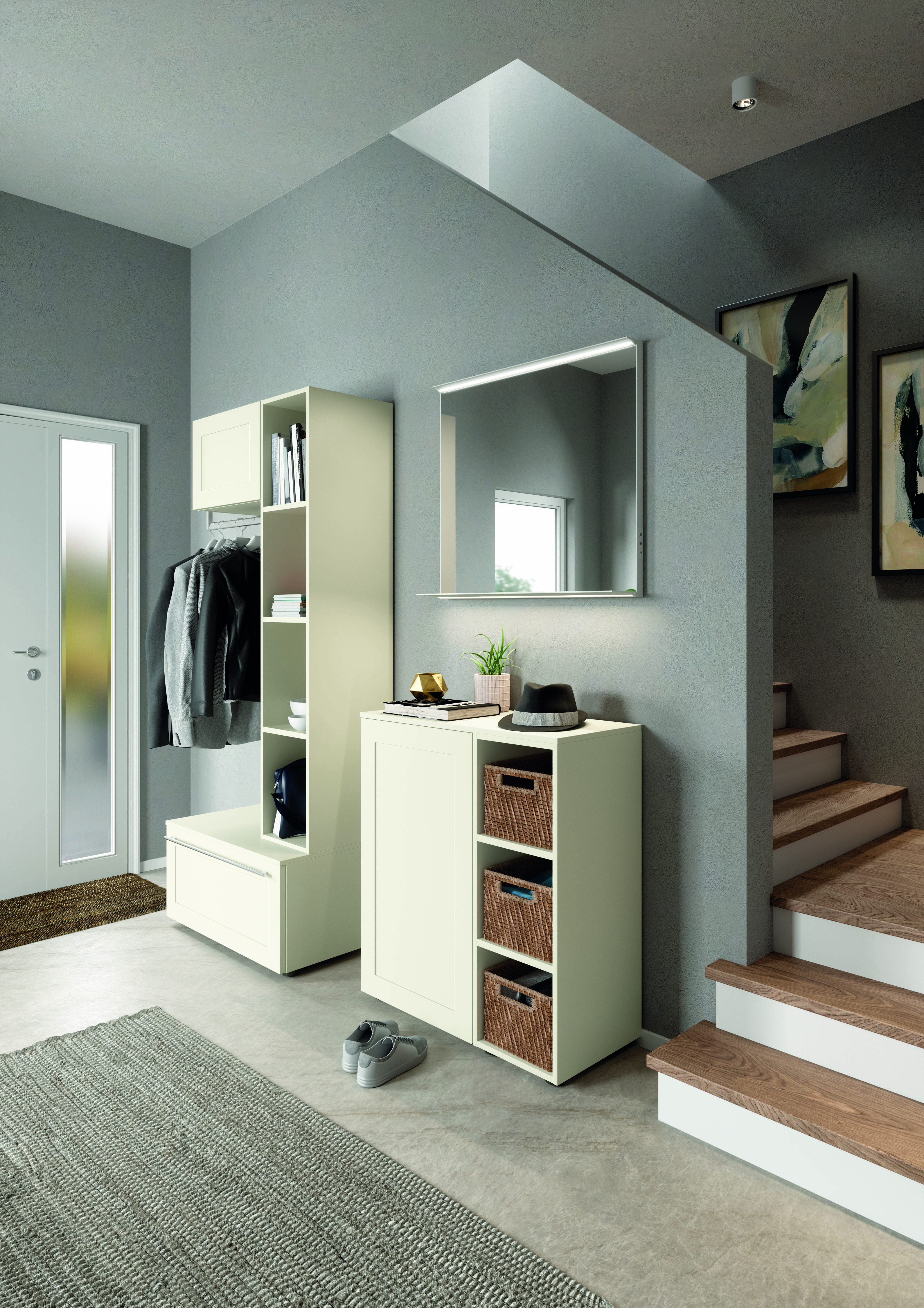 Meuble d'entrée sur mesure beige avec penderie, banc et rangement à chaussures Meuble d'entrée sur mesure beige avec penderie, banc et rangement à chaussures