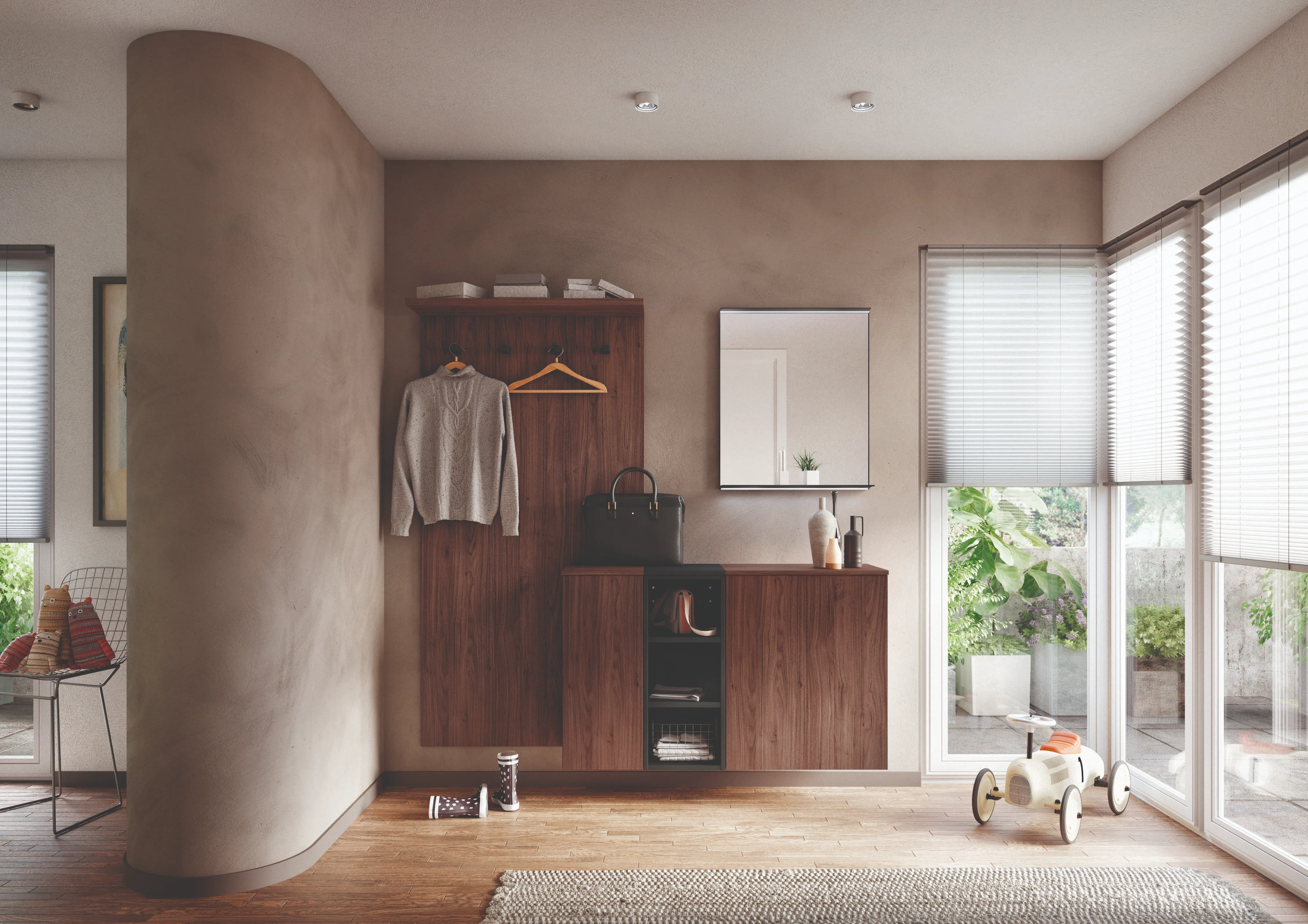 Meuble d'entrée bois sur mesure avec patères, banc et miroir lumineux Meuble d'entrée bois sur mesure avec patères, banc et miroir lumineux