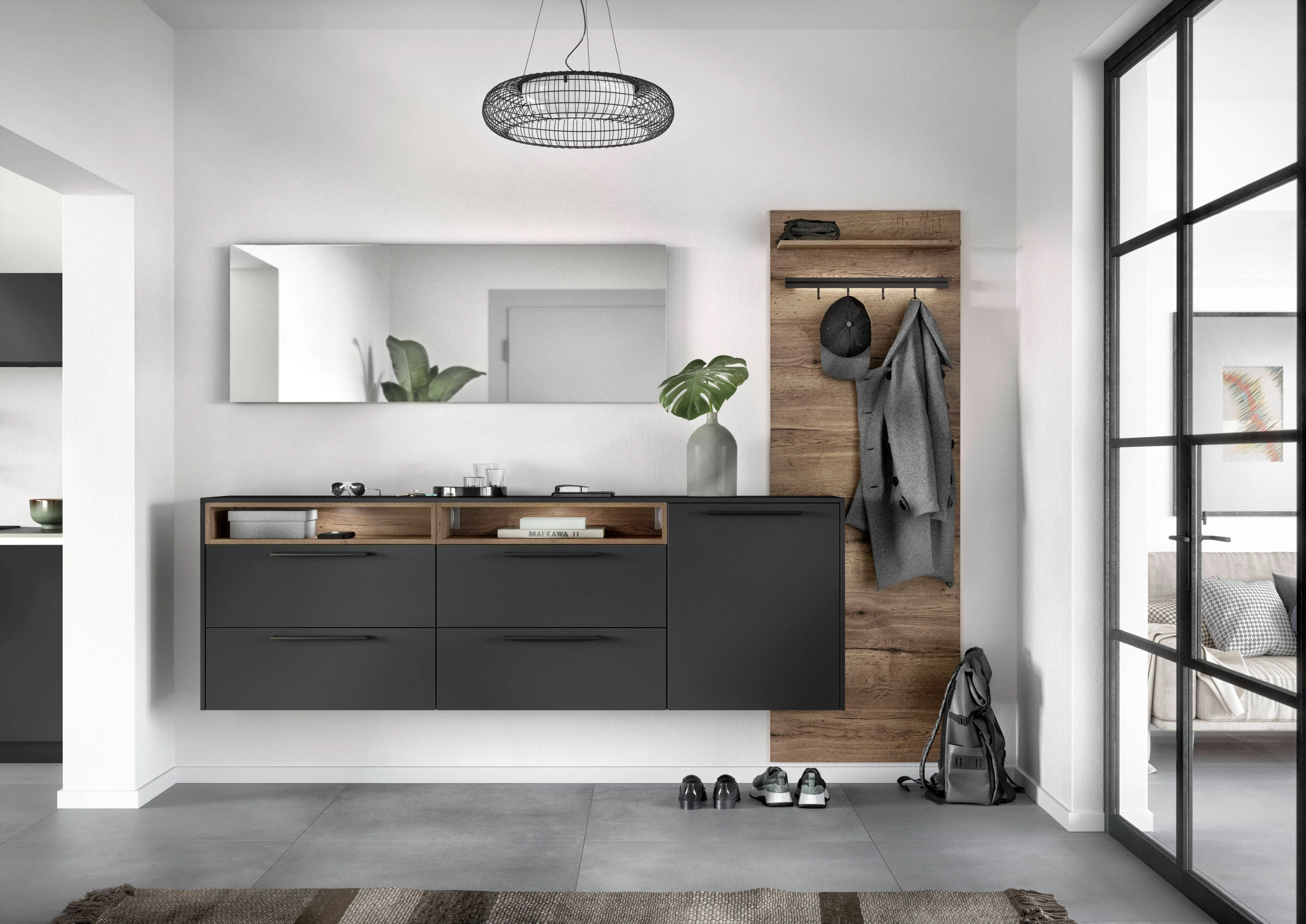Meuble d'entrée sur mesure noir et bois avec tiroirs, miroir et panneau à patères Meuble d'entrée sur mesure noir et bois avec tiroirs, miroir et panneau à patères