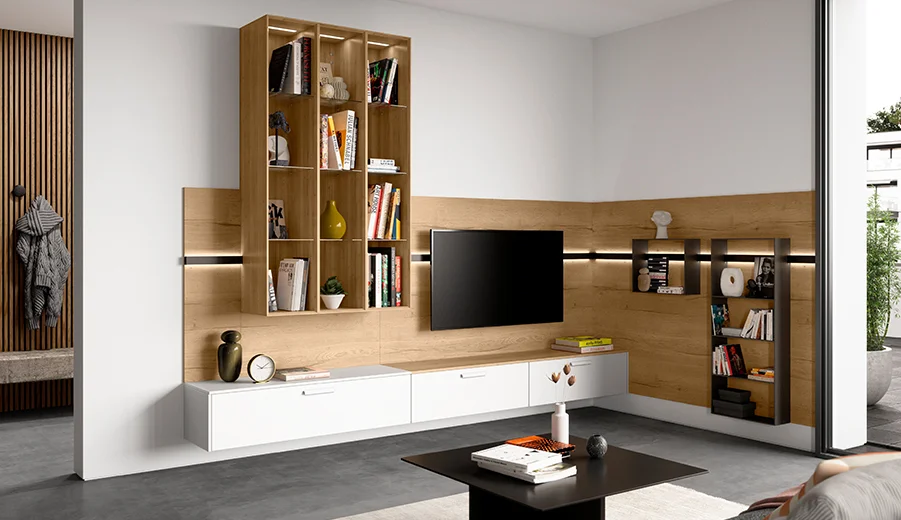 Meuble TV et bibliothèque bois avec rangements blancs et éclairage LED intégré Meuble TV et bibliothèque bois avec rangements blancs et éclairage LED intégré