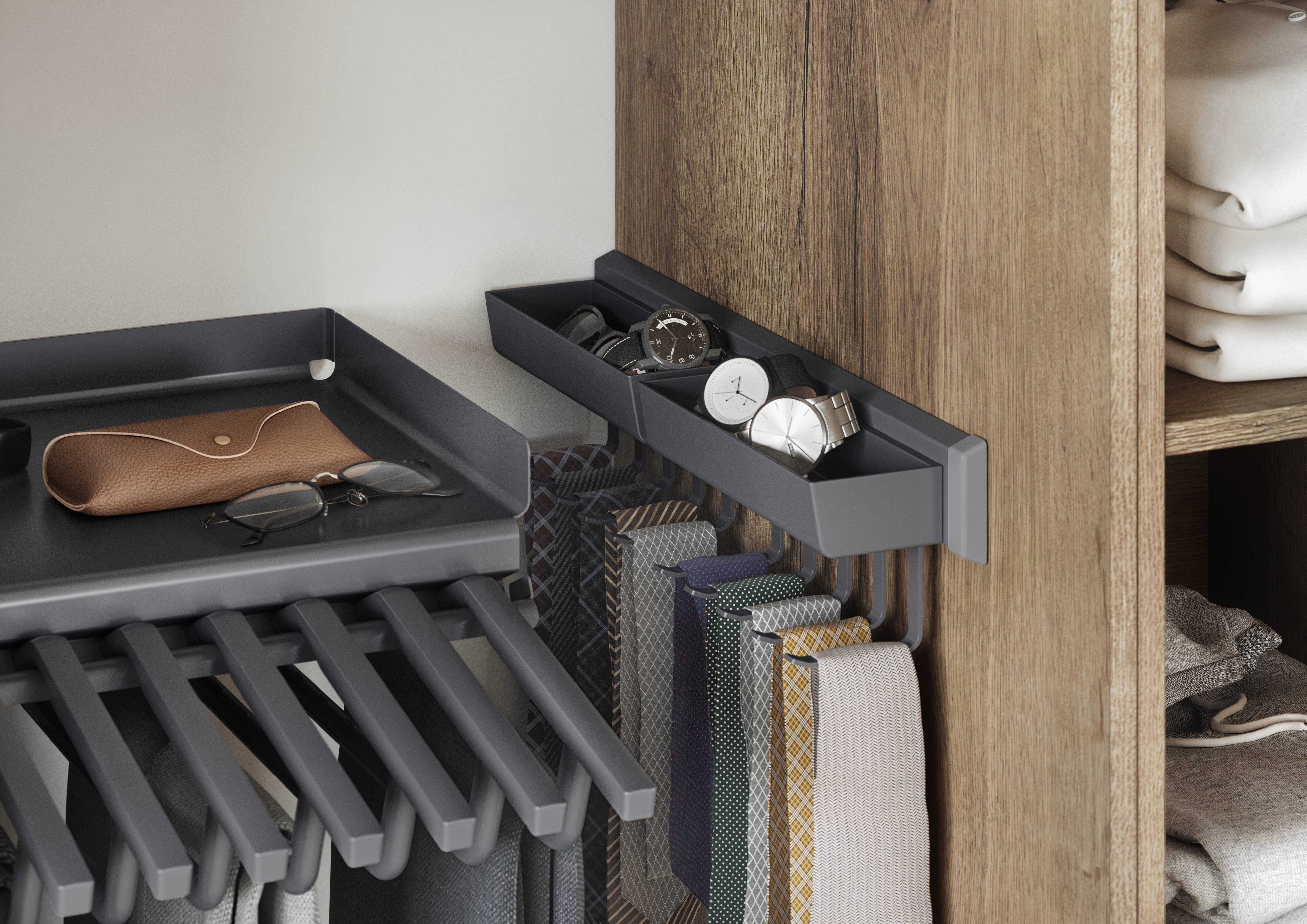 Organisateur de placard sur mesure avec porte-cravates coulissant et rangement à montres Organisateur de placard sur mesure avec porte-cravates coulissant et rangement à montres