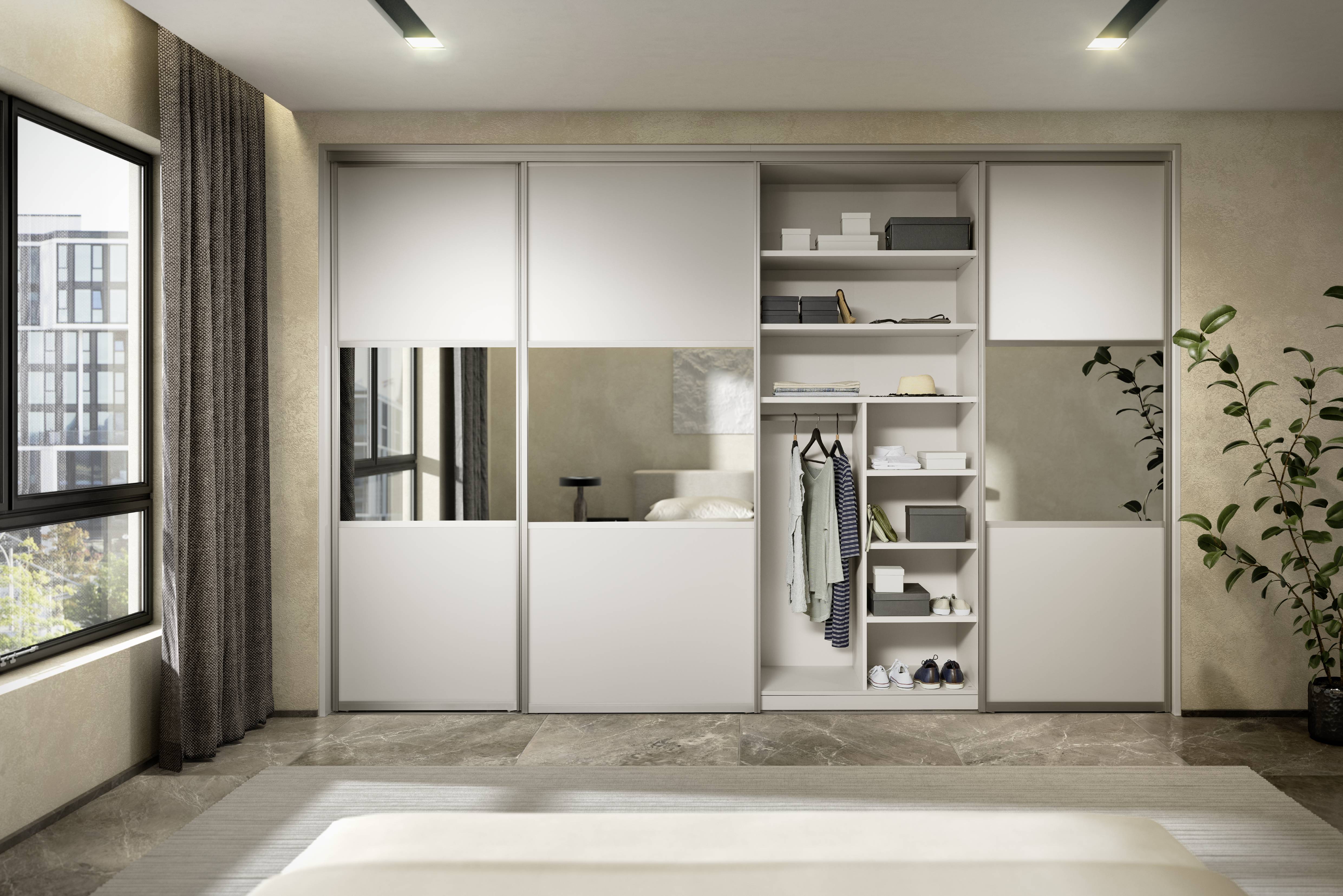 Placard dressing sur mesure avec portes coulissantes blanches et miroir, penderie ouverte Placard dressing sur mesure avec portes coulissantes blanches et miroir, penderie ouverte