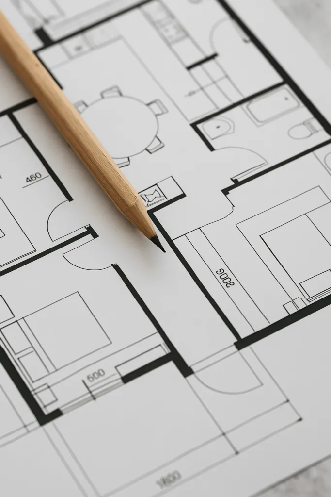 Plan architectural d'une cuisine optimisée sur mesure avec crayon en bois Plan architectural d'une cuisine optimisée sur mesure avec crayon en bois