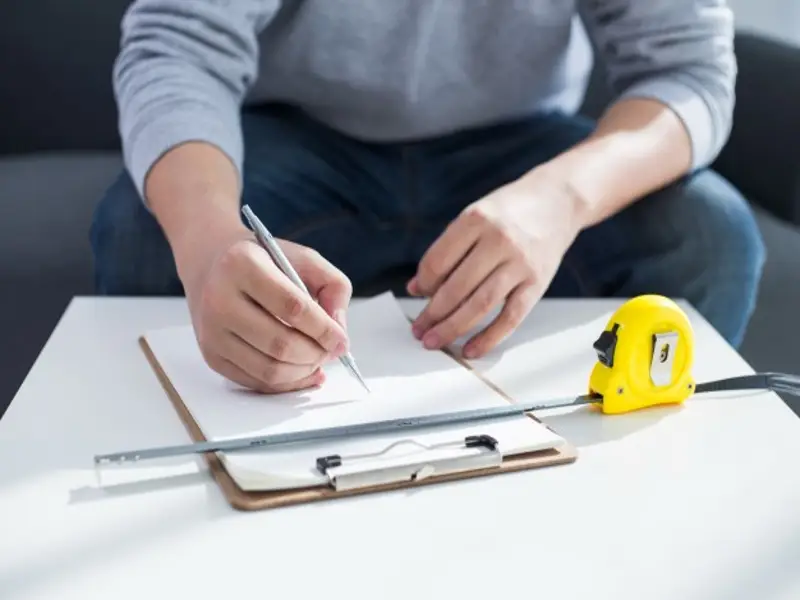Homme prenant des notes sur presse-papier avec mètre ruban pour prise de mesures Homme prenant des notes sur presse-papier avec mètre ruban pour prise de mesures