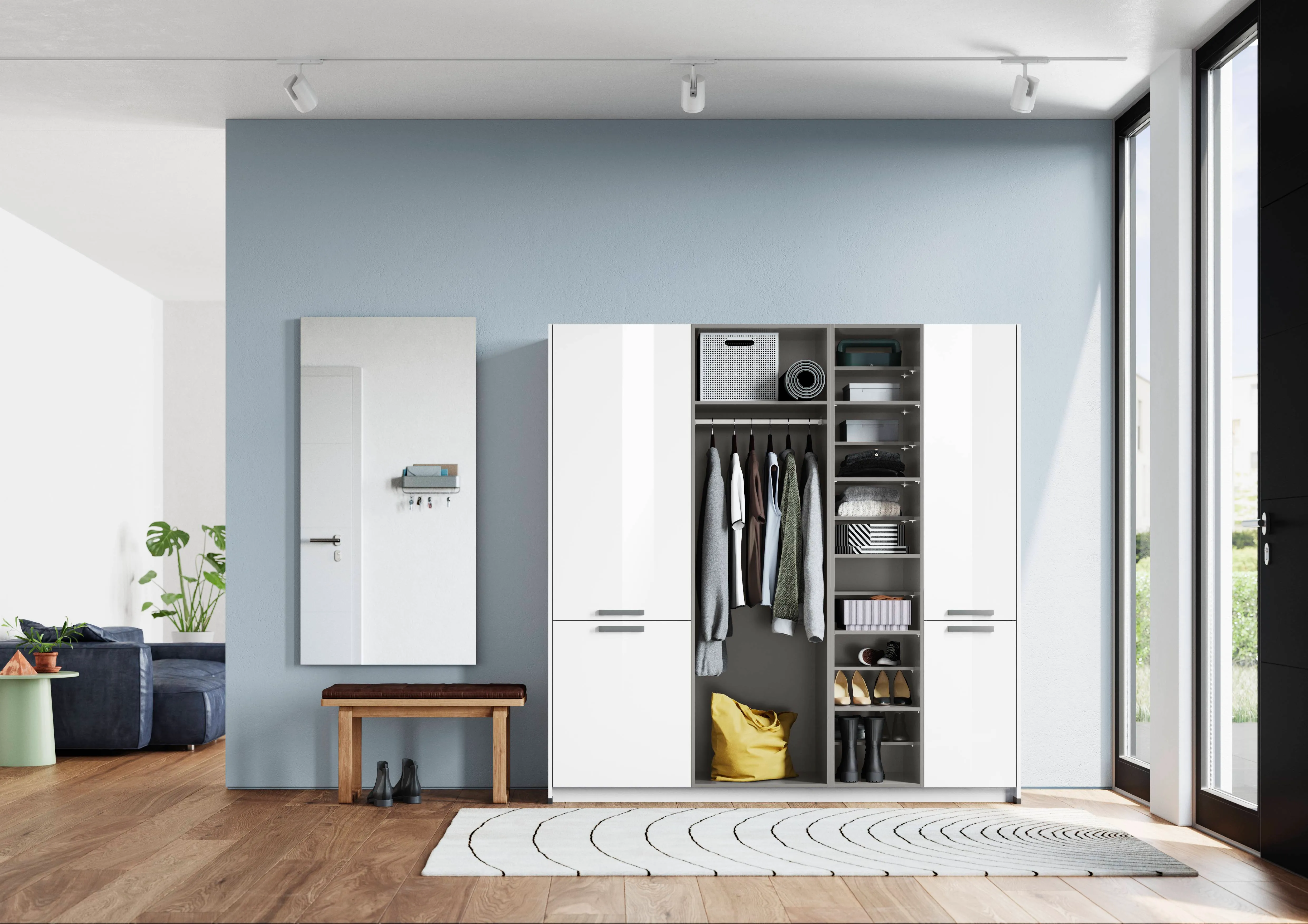 Rangement d'entrée sur mesure blanc avec penderie centrale et étagères à chaussures Rangement d'entrée sur mesure blanc avec penderie centrale et étagères à chaussures
