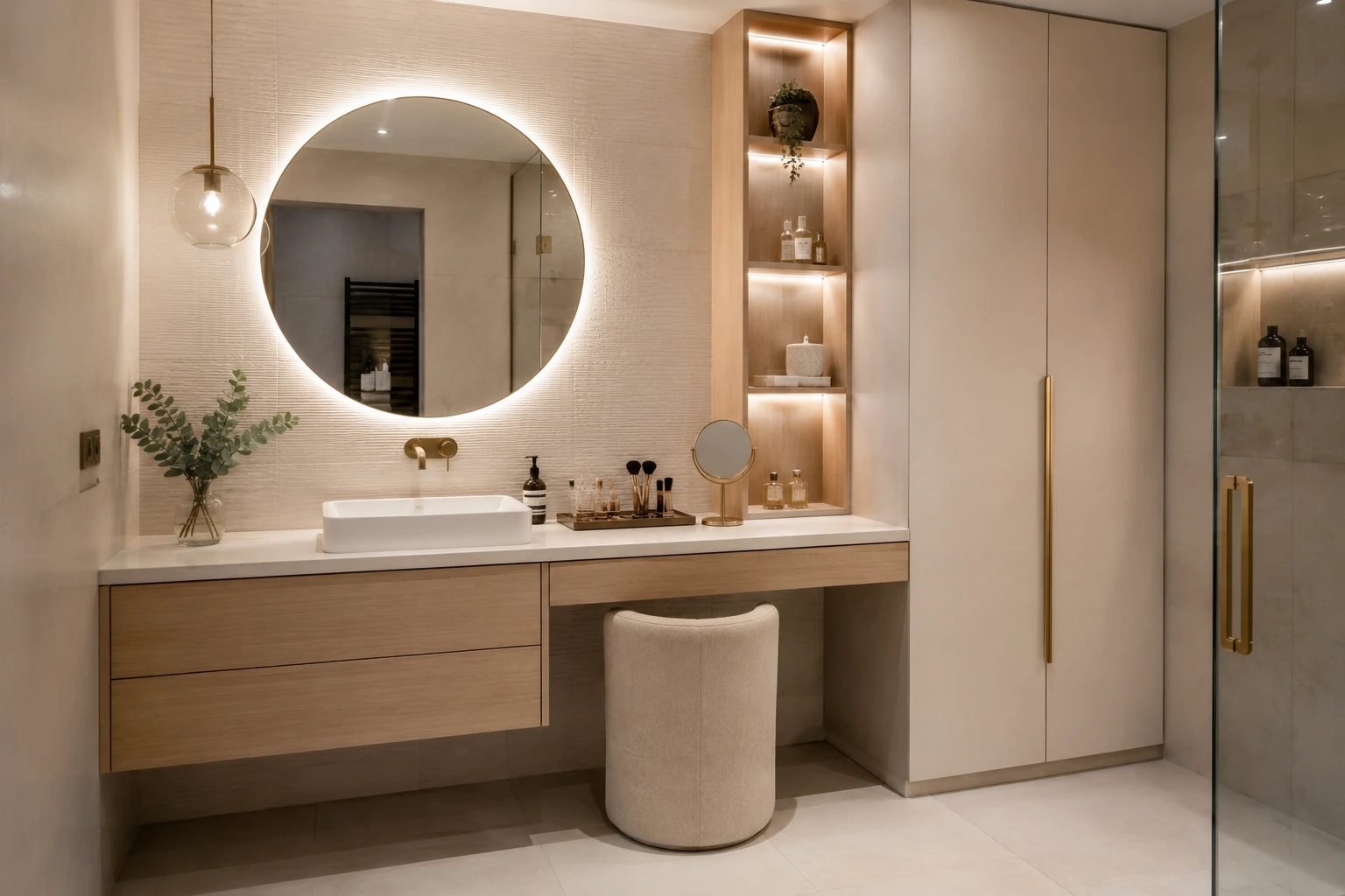 Salle de bain bois moderne sur mesure avec meuble vasque suspendu, miroir rond lumineux et coiffeuse intégrée Salle de bain bois moderne sur mesure avec meuble vasque suspendu, miroir rond lumineux et coiffeuse intégrée