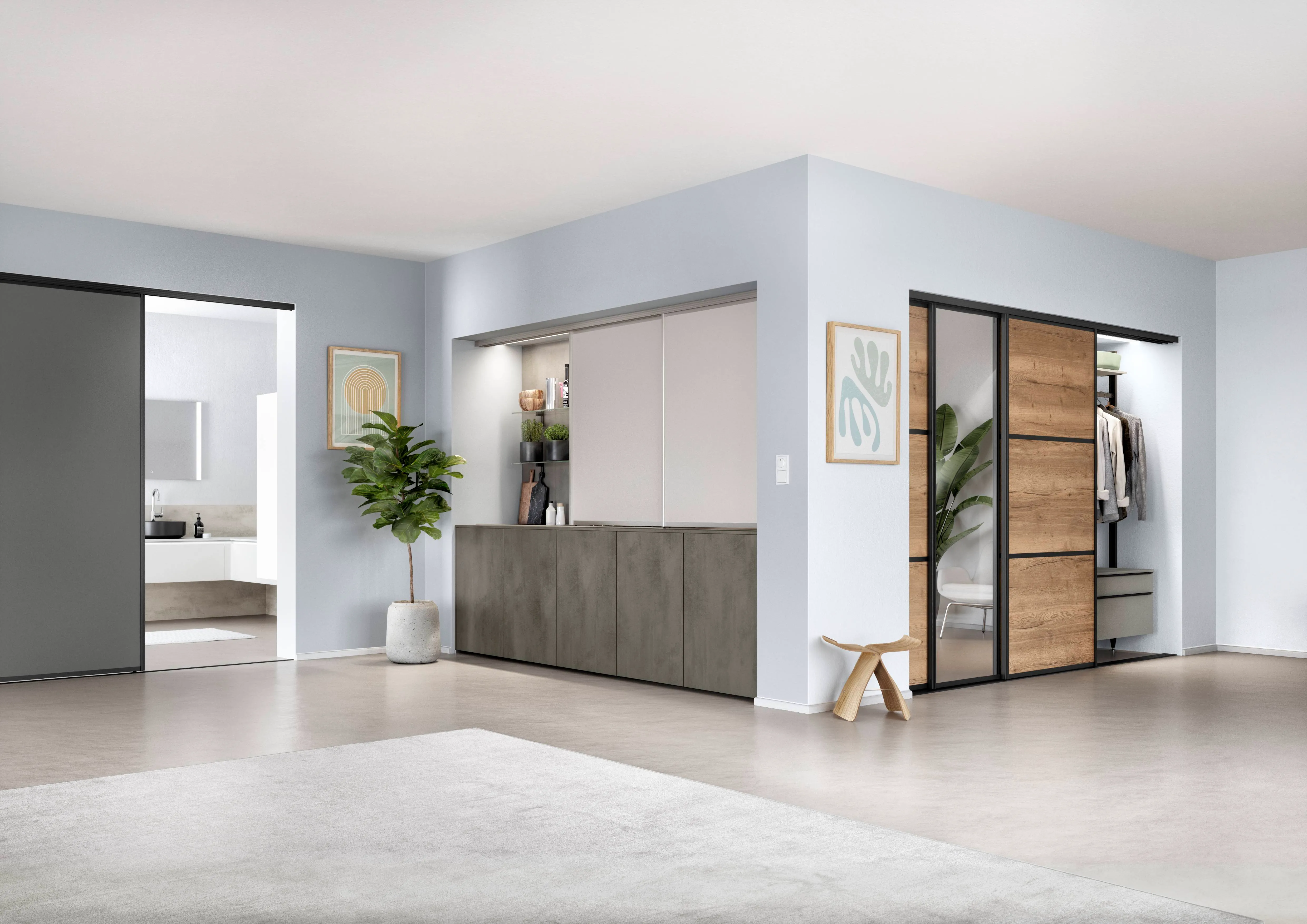 Vestiaire avec portes coulissantes bois, ouvert sur penderie et dressing Vestiaire avec portes coulissantes bois, ouvert sur penderie et dressing