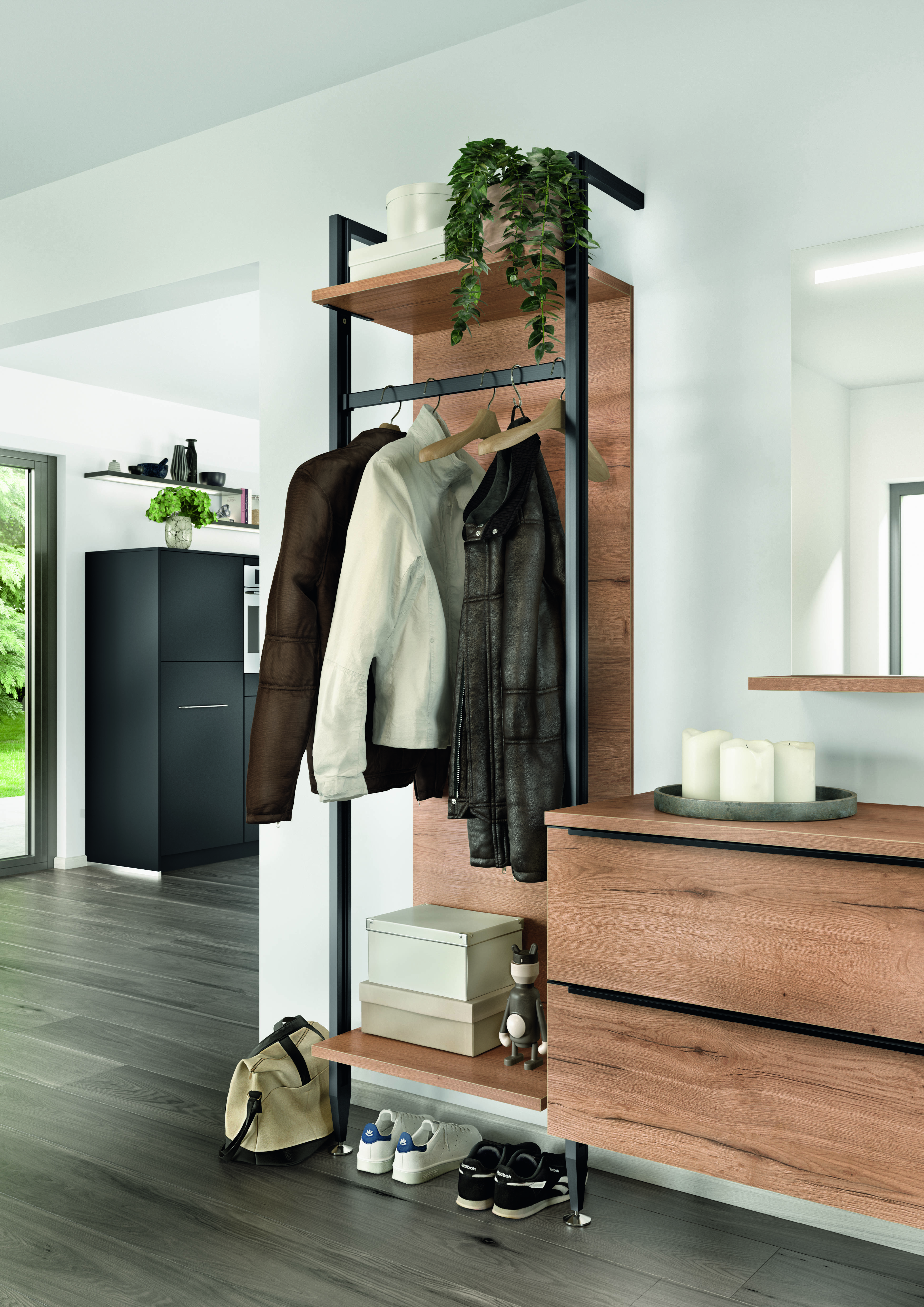 Vestiaire d'entrée sur mesure bois avec penderie ouverte et meuble à tiroirs Vestiaire d'entrée sur mesure bois avec penderie ouverte et meuble à tiroirs